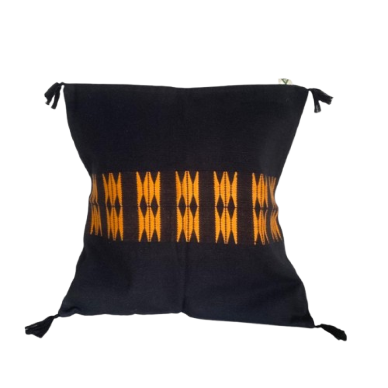 Black with Orange Motif Cotton loin loom Cushion cover 18*18 - TADI