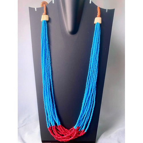 Flower Child-Red and Blue seed Beads Necklace in Multi Strand