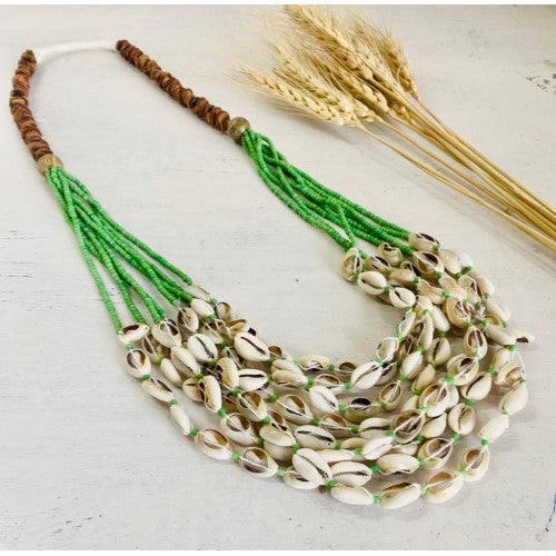 Green sustainable beads with Cowrie shell layer necklace - Flower Child