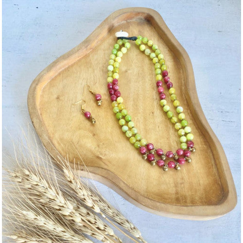 Lime green with marron agate gemstone with antique gold charm - Flower Child