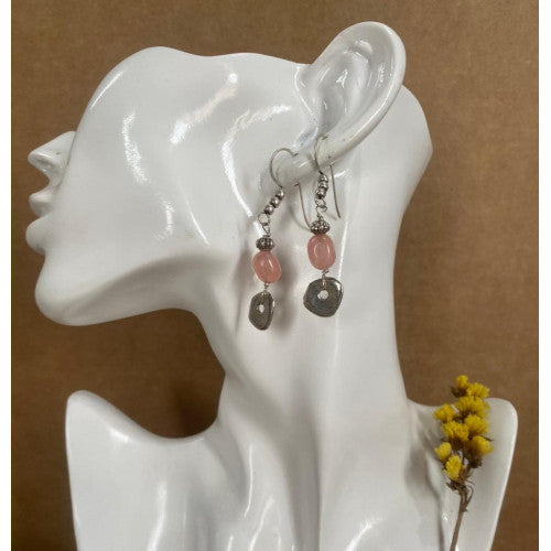Pink Agate Gemstone with Silver plated Dangle Earrings - Annie Sakhamo
