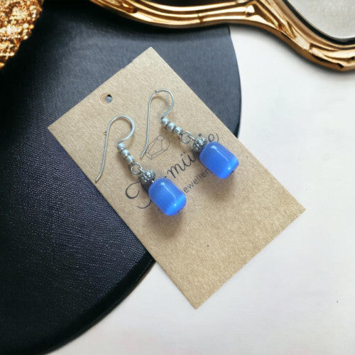 Cylinder blue agate gemstone with silver plated dangle earrings- Annie sakhamo