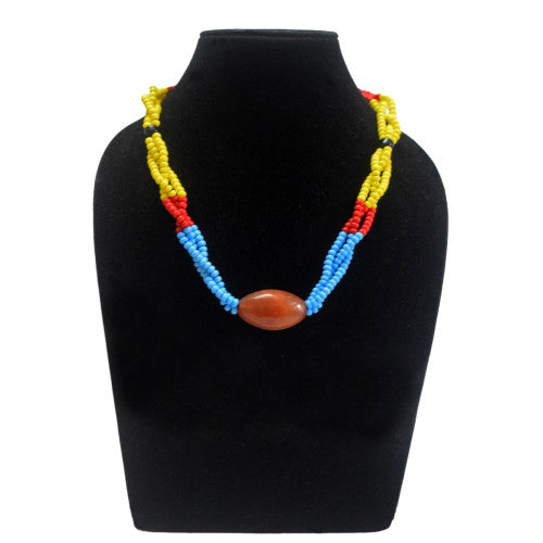 Yellow Red and Blue beaded Three Strand Necklace - Flowerchild