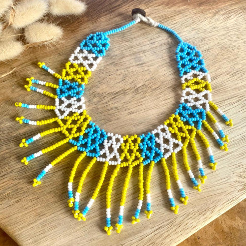 Yellow and blue beaded necklace- Flower Child