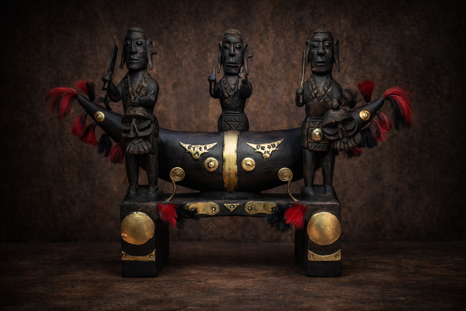 Relic Symbol Of Naga Tradition with Mithun Horn Log Drum with Three Naga Warriors