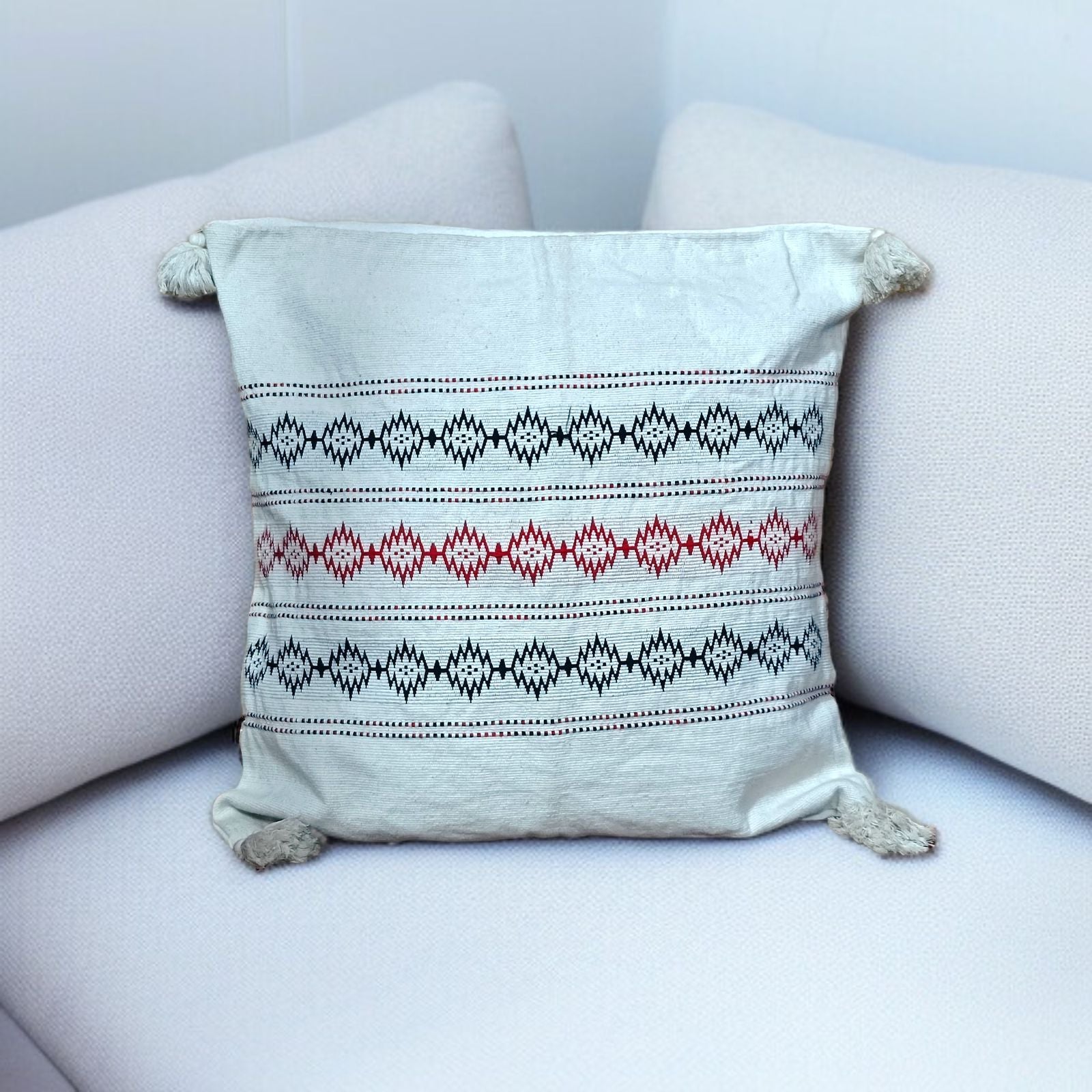Beige and Red and Blue Loin Loom Cushion Cover - TADI