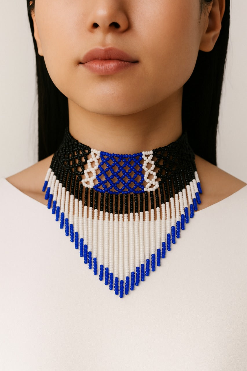 Black-Blue-and-White-Beaded-Dangle-Necklace-Flowerchild