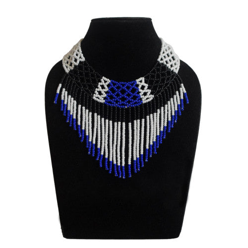 Flowerchild - Black Blue and White Beaded Dangle Necklace - Flowerchild