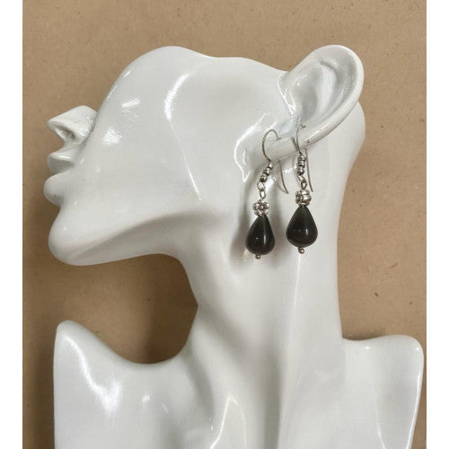 Black Drop Agate Gemstone with German Silver Dangle Earrings - Annie Sakhamo