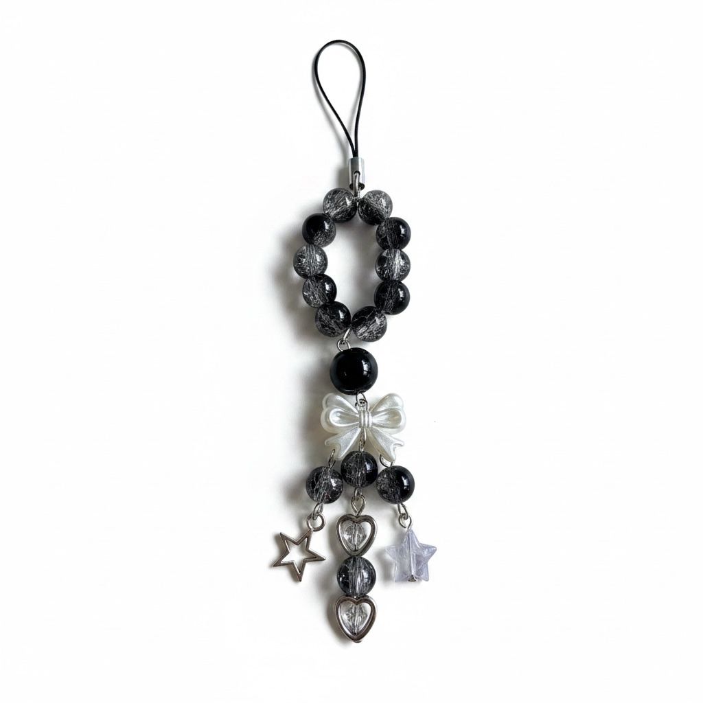 Panda craft Black Marble Bow & Heart phone charm