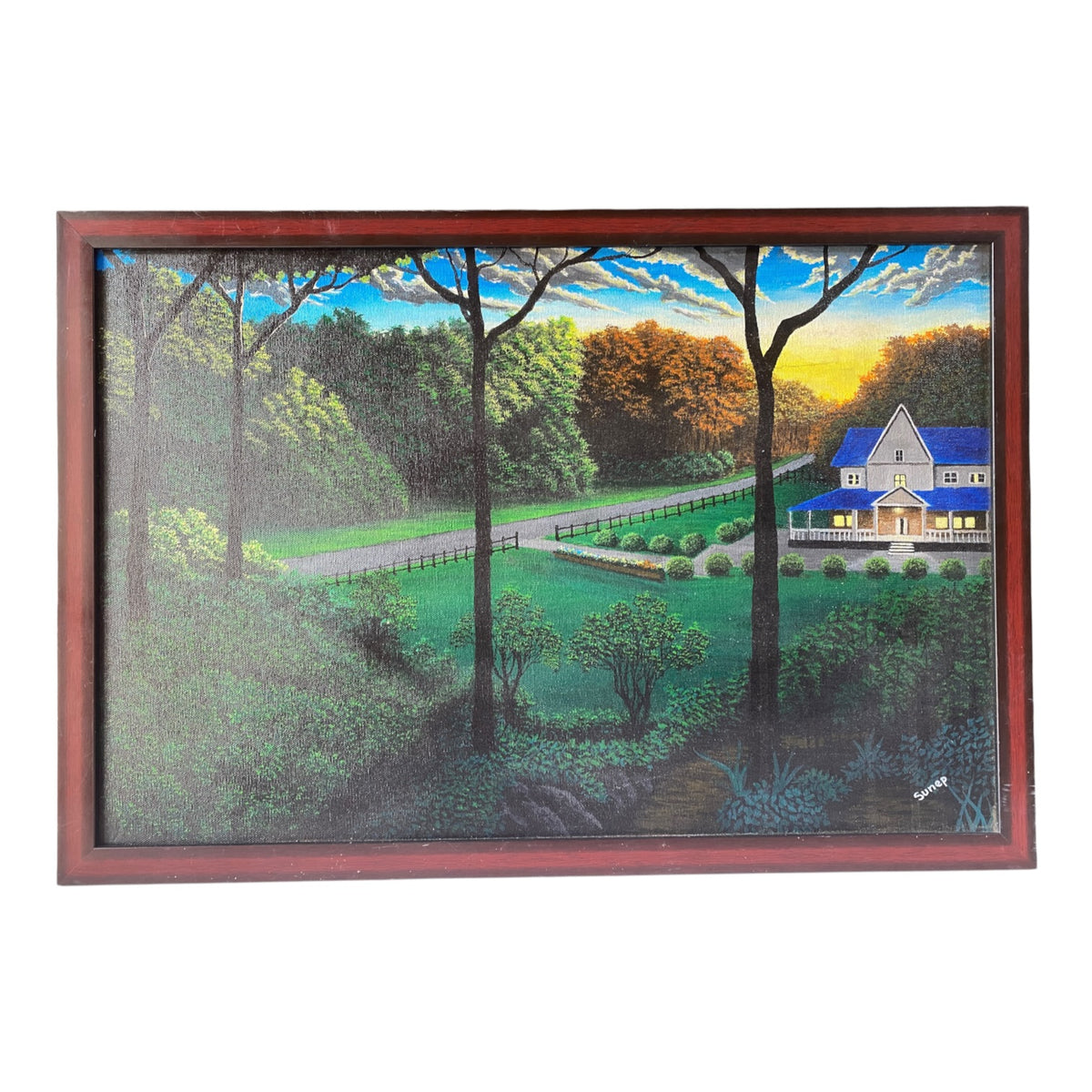 Blue Roof Cottage in Forest Sunset Framed Canvas Painting -Imlisunep