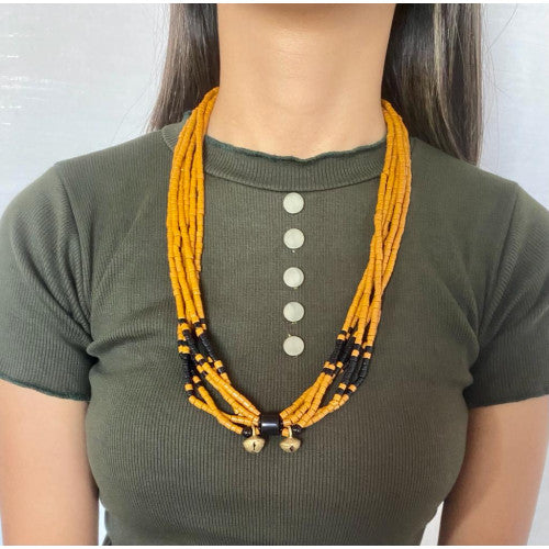 Brown small beaded necklace with brass bells - Annie Sakhamo