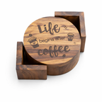 Wooden coaster set with 'Life begins after coffee' text and cup illustrations.