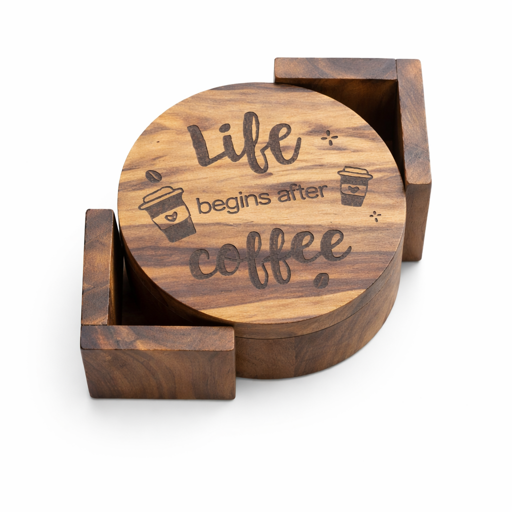 Wooden coaster set with 'Life begins after coffee' text and cup illustrations.