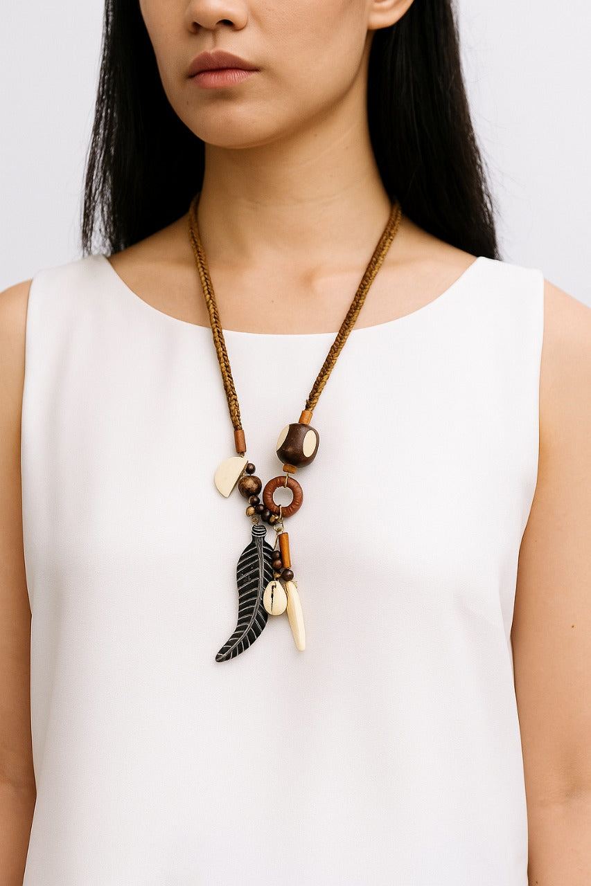 Crochet mix beads feather statement necklace- Annie Sakhamo