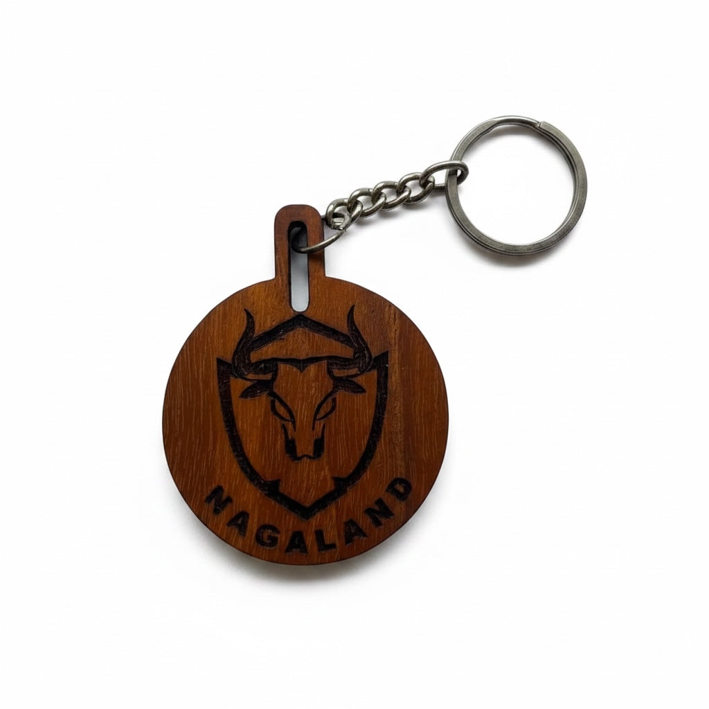 Custom Creation - Nagaland Mithun shield round wooden keychain