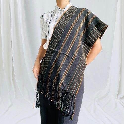 Ethnic Inspirations - Khiamniungan womens traditional black and orange stole S