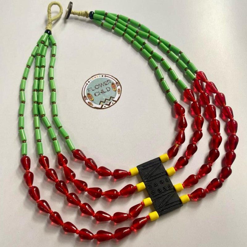 Four Strand Red and Green Beads with Black Tribal Design Necklace - Flowerchild