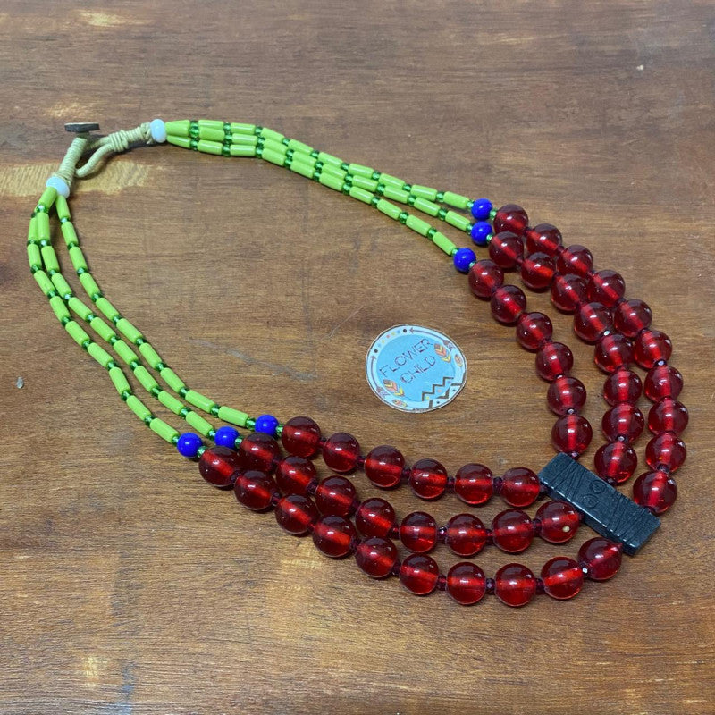 Flowerchild Red Round Beads With Green Ends Necklace