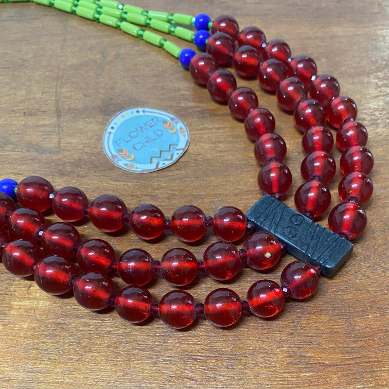 Flowerchild Red Round Beads With Green Ends Necklace