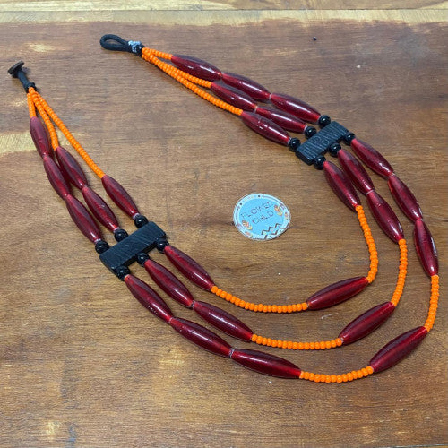 Flowerchild Three Strand Long Red Beaded Necklace