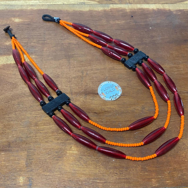 Flowerchild Three Strand Long Red Beaded Necklace