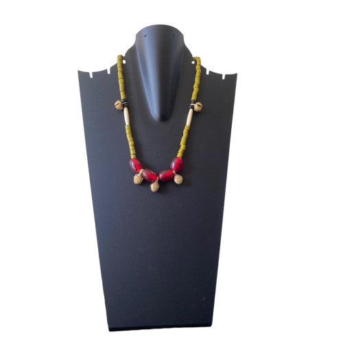 Flowerchild brass bells red glass seed beads necklace