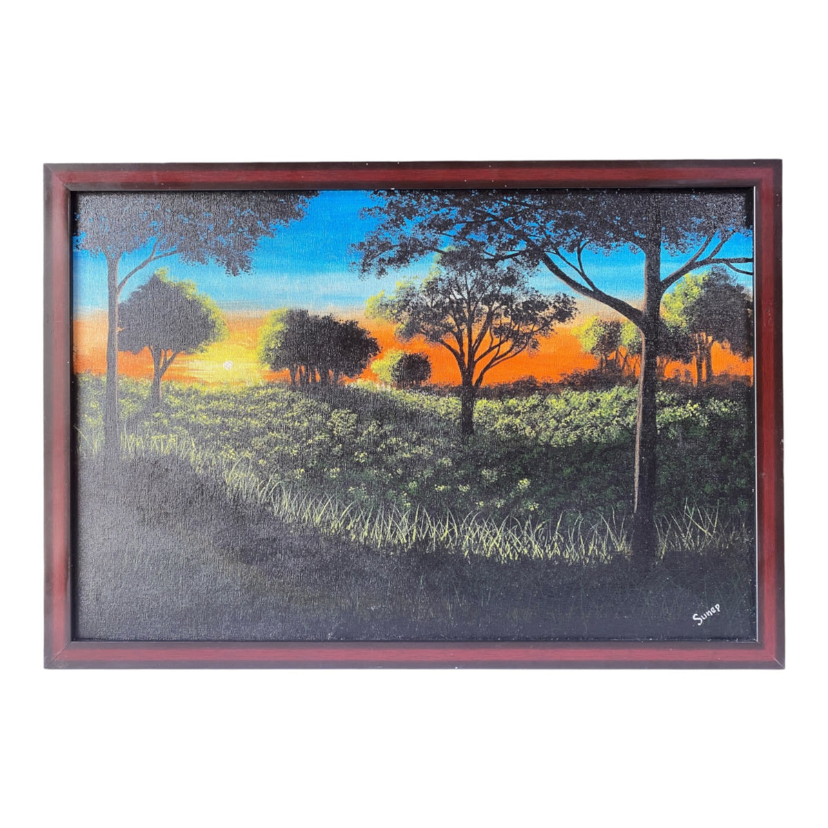 Golden Sunset Forest- Orange Sky with Sihouette Trees Framed Canvas Painting-Imlisunep