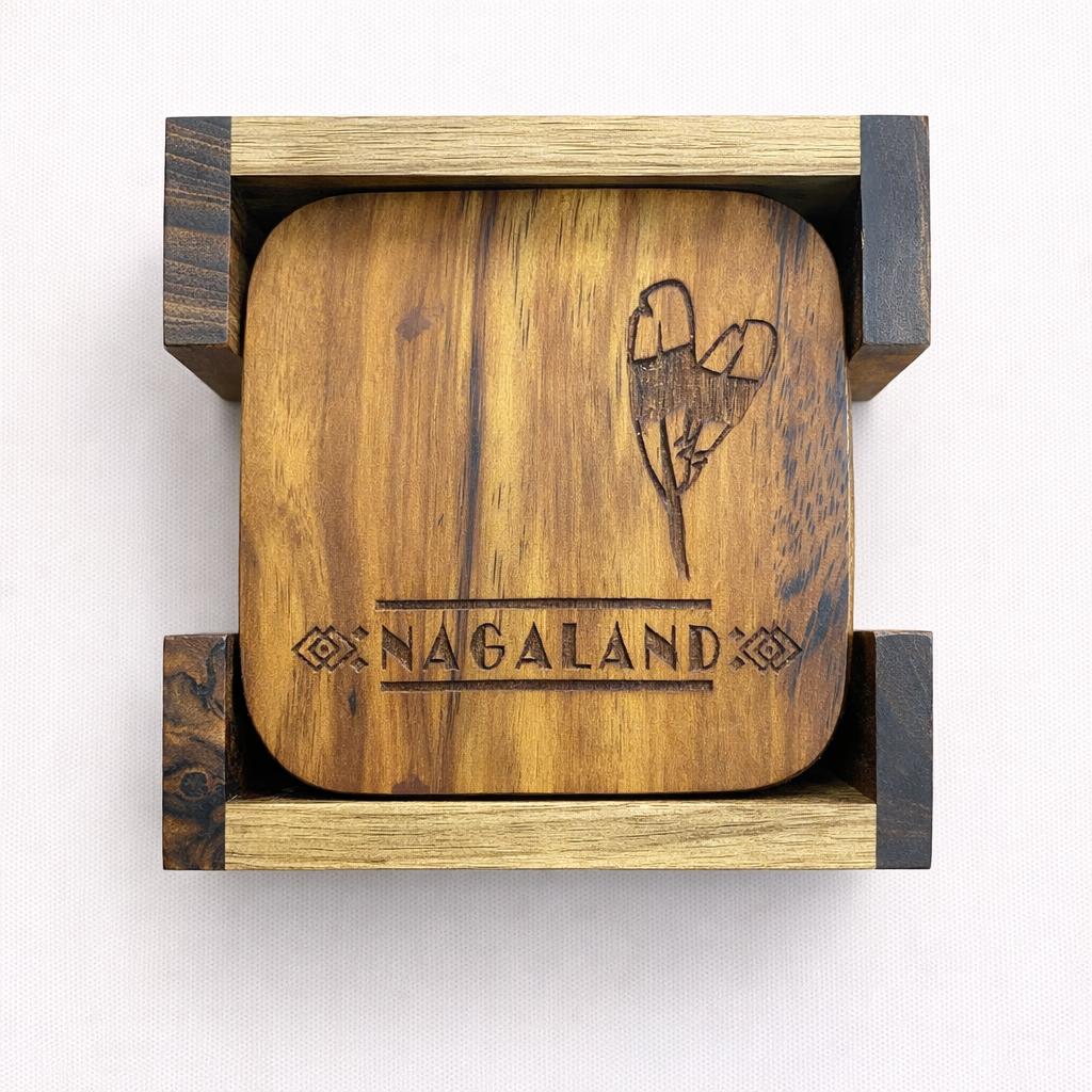Wooden coaster with 'Nagaland' engraving in a wooden holder on a white background