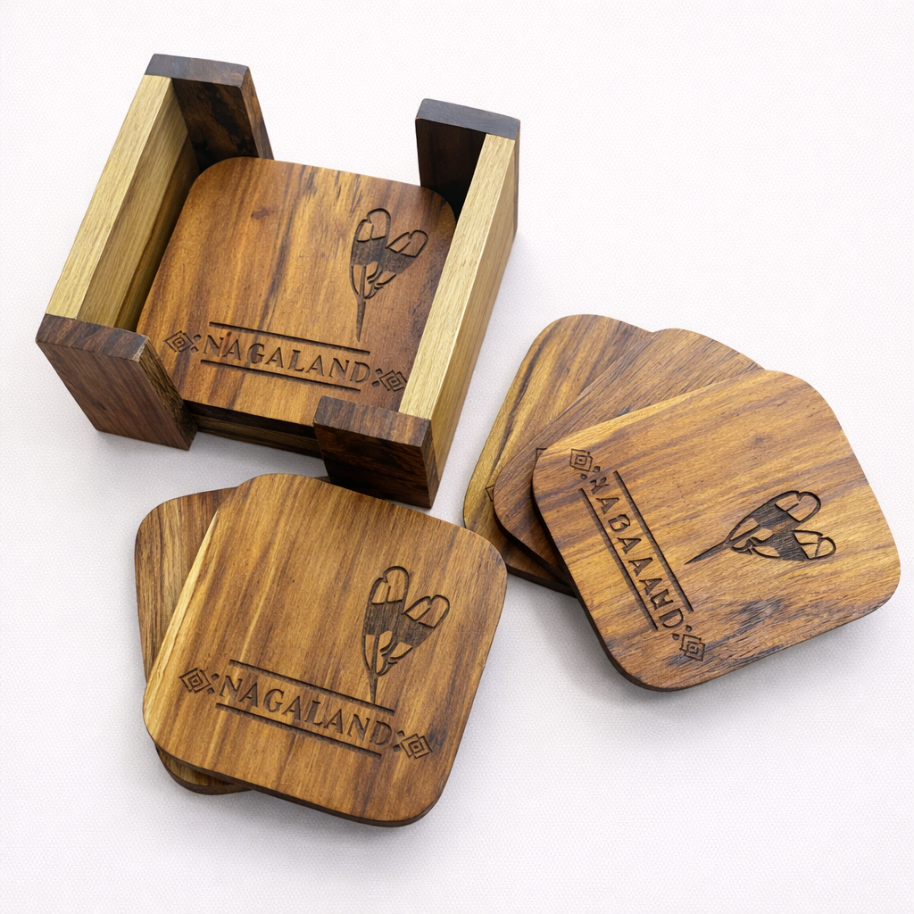 Wooden coasters with 'Nagaland' branding on a white background