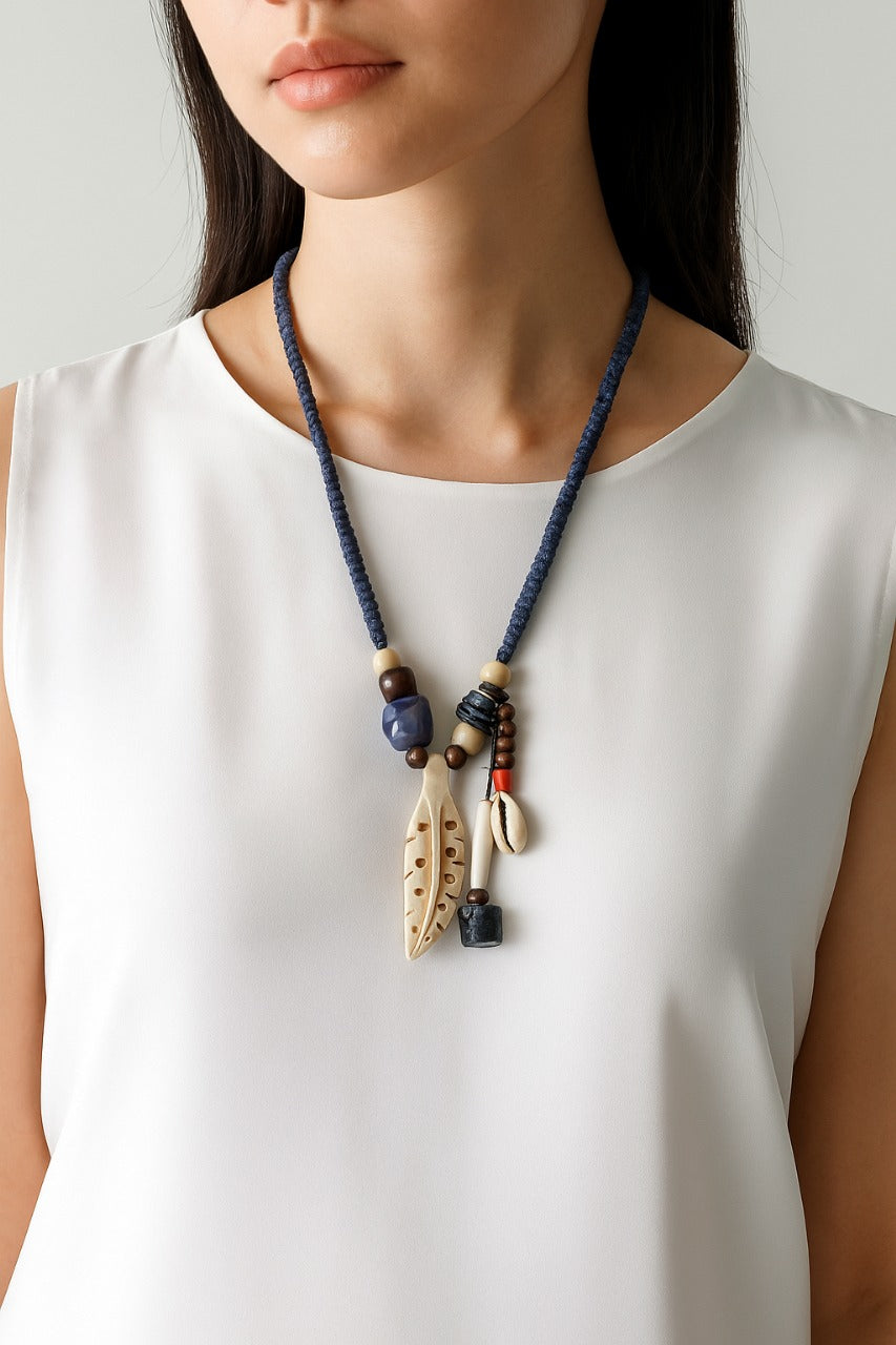 Mixed beads bone leaf necklace- Annie Sakhamo