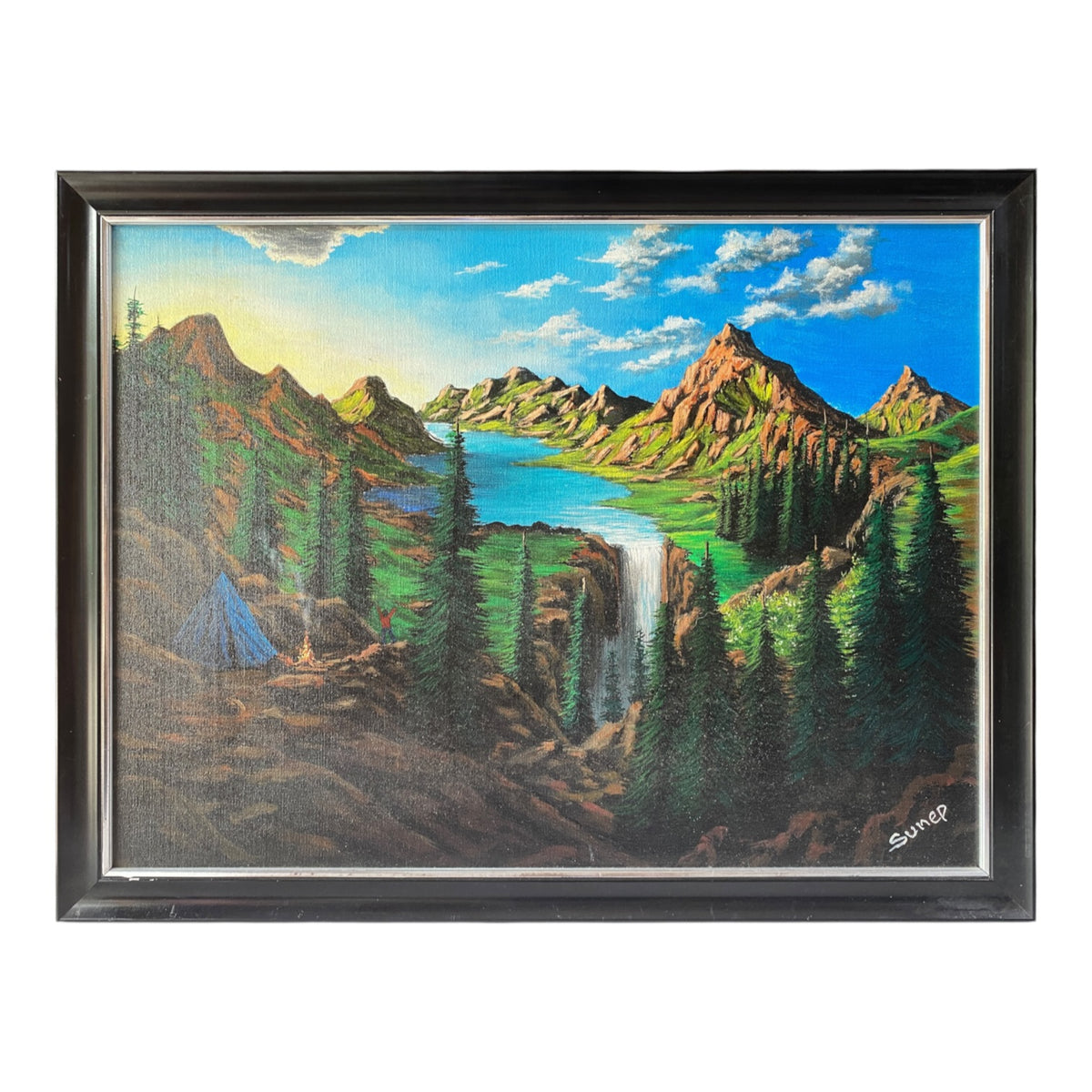 Mountain Camping with Waterfall & Lake Framed Canvas Painting - Imlisunep