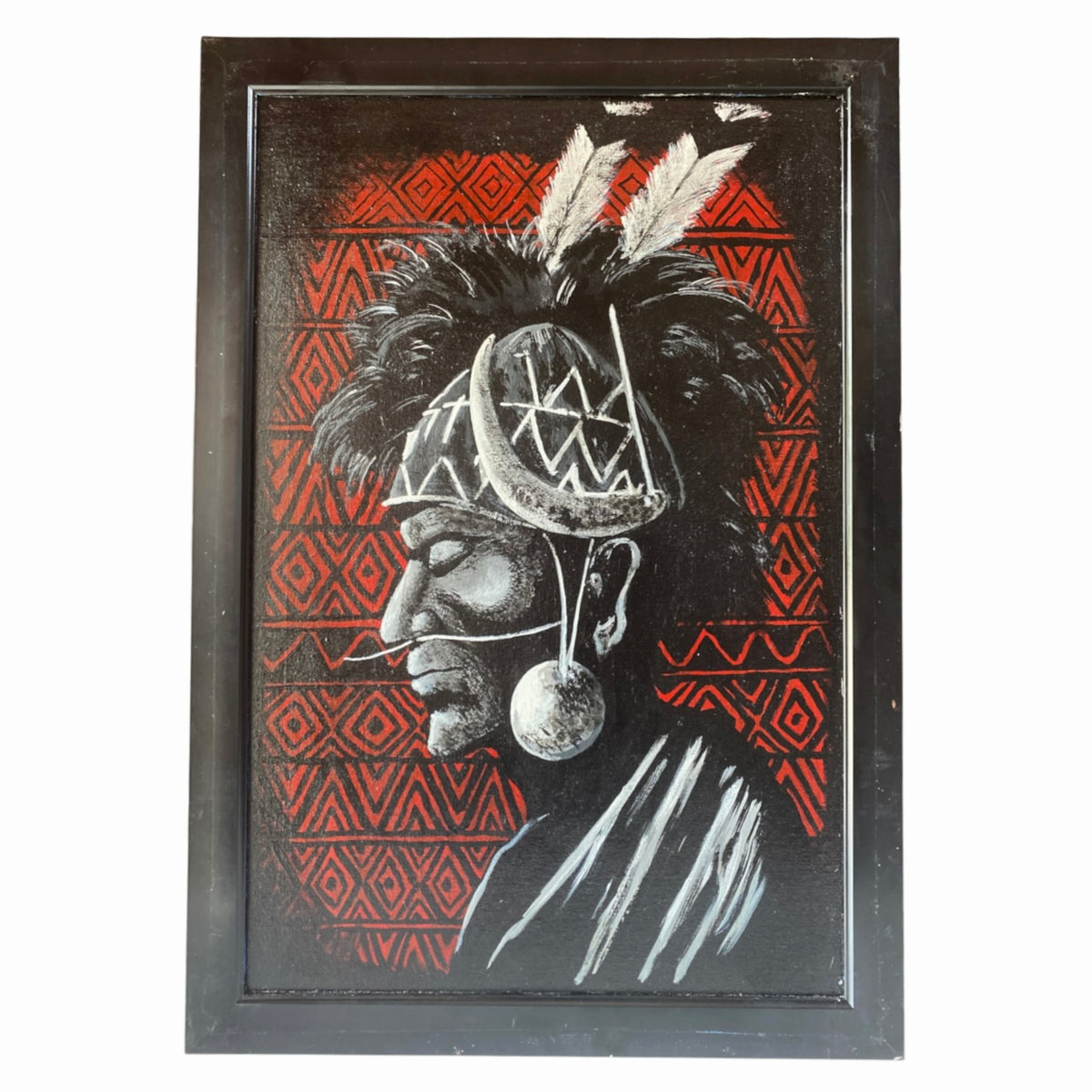 Naga Headhunder Chief portrait- Black & white with Red Naga Pattern Framed Canvas Painting-Imlisunep
