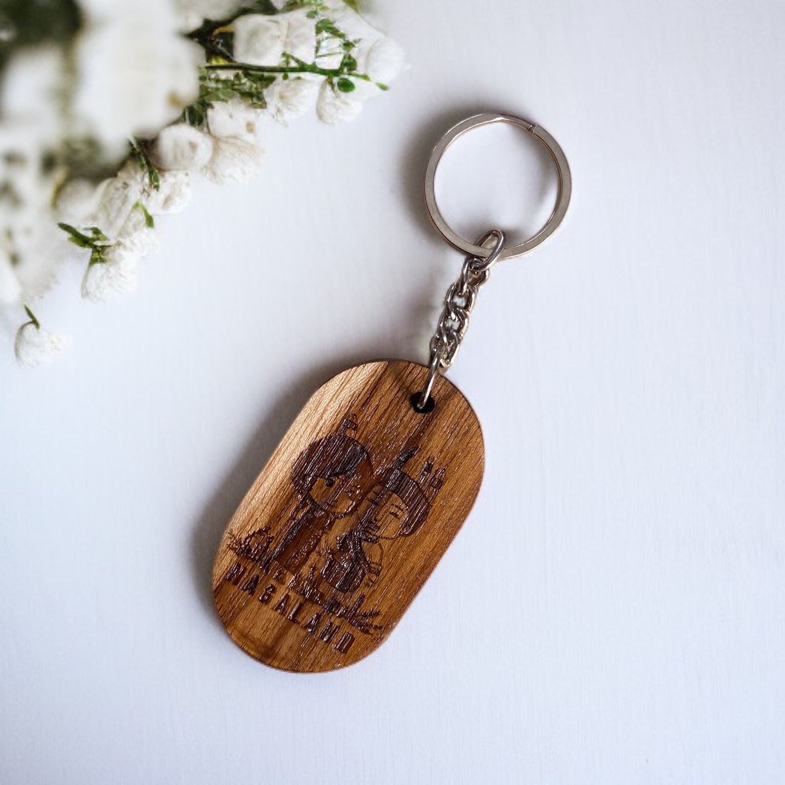 Nagaland Couple Wooden Oval Key Chain - Custom Creations