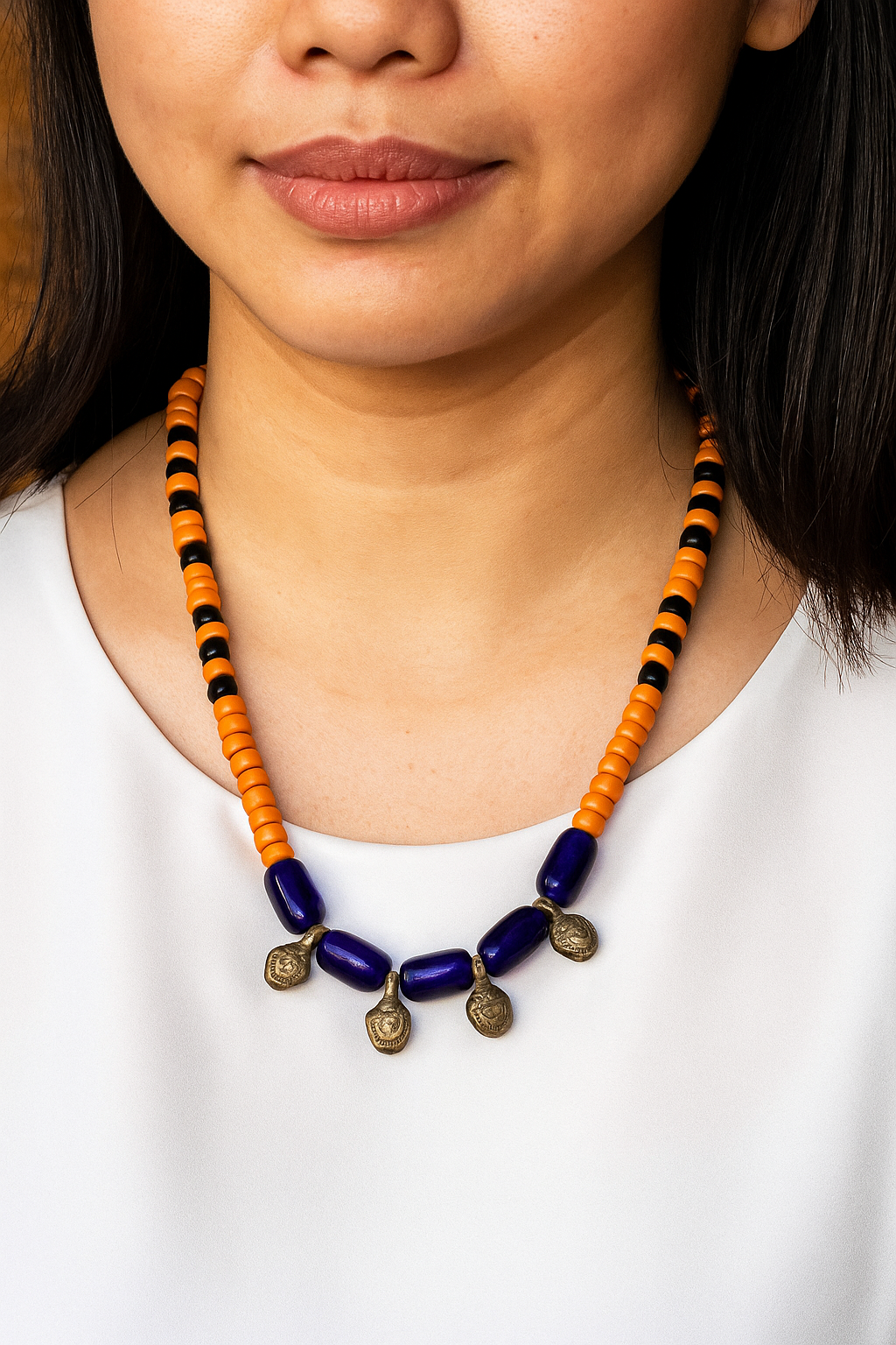 Orange-Black-Blue-Beaded-and-bells-necklace