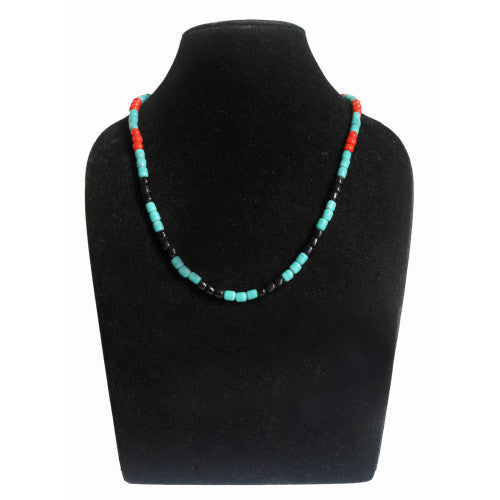 Flower child - RED Light Blue Black Beaded Necklace