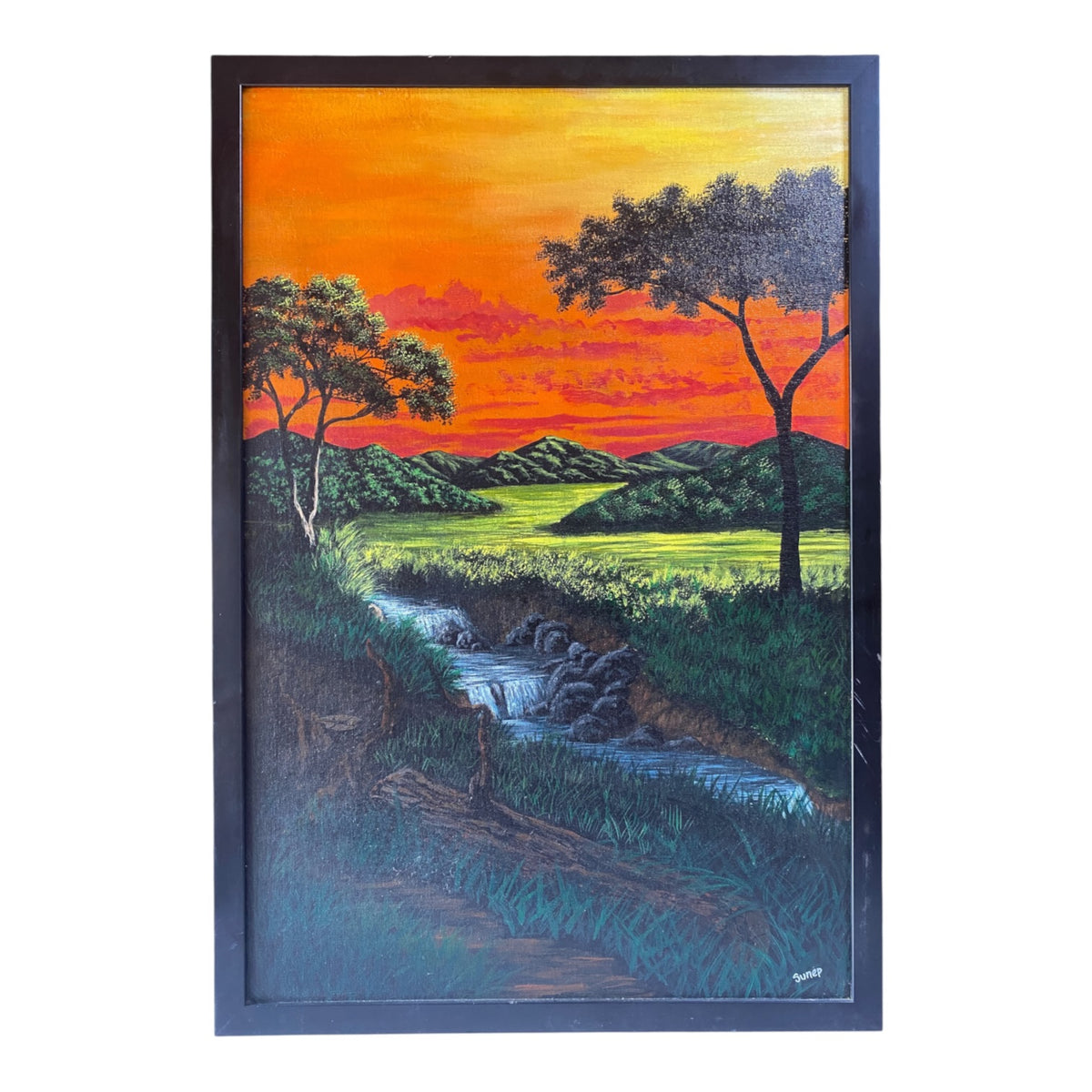 Orange Sunset Valley with Flowing Stream Framed Canvas Painting- Imlisunep