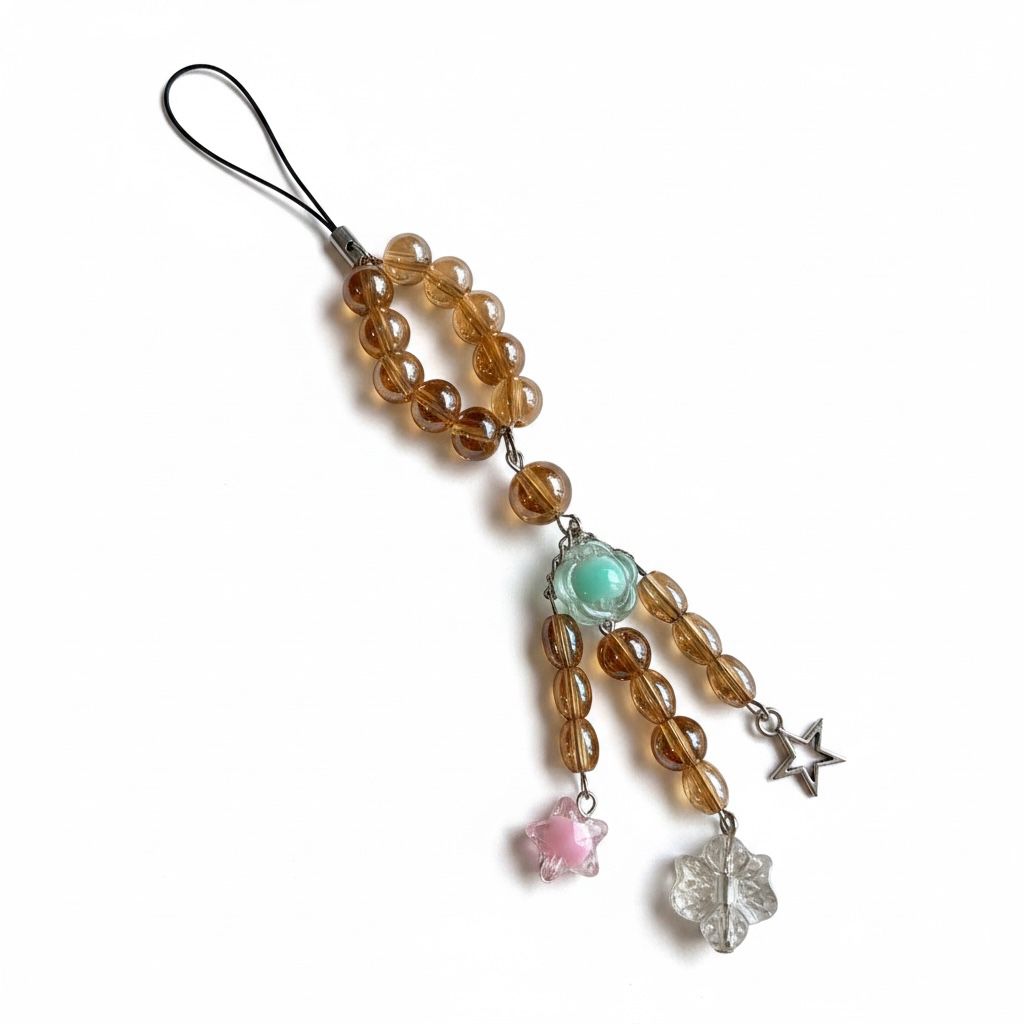 Panda craft- Golden brown transparent glass beads forming a loop phone charm