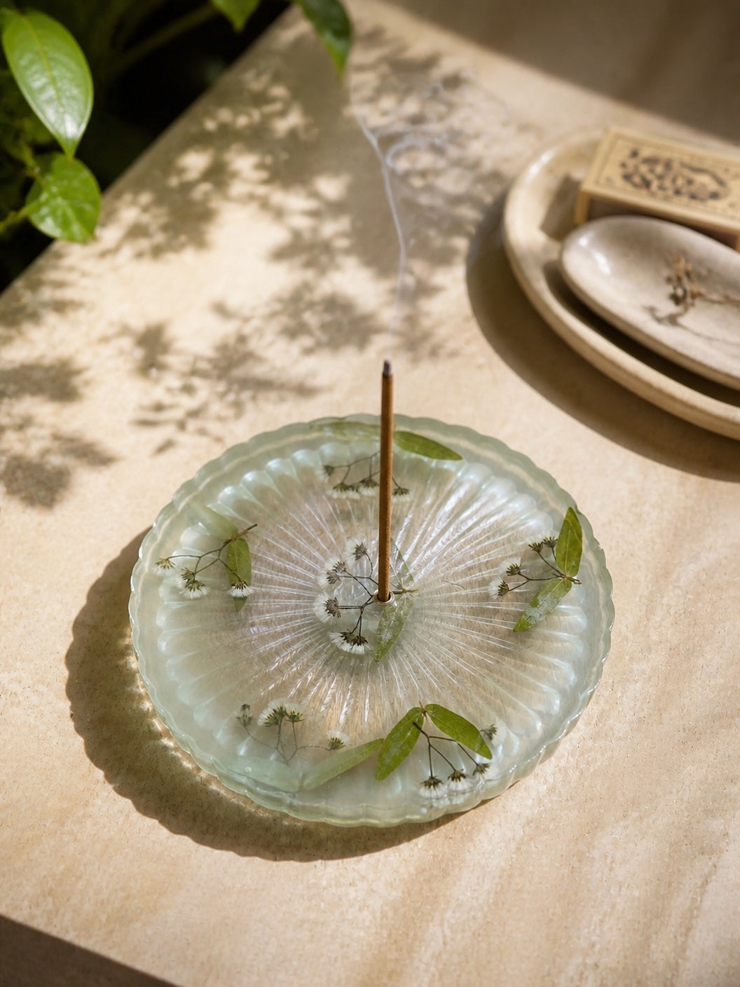 Pressed -Tiny -White- Wildflower- and- Green -Leaves -incense- Stand - Resin by Achila