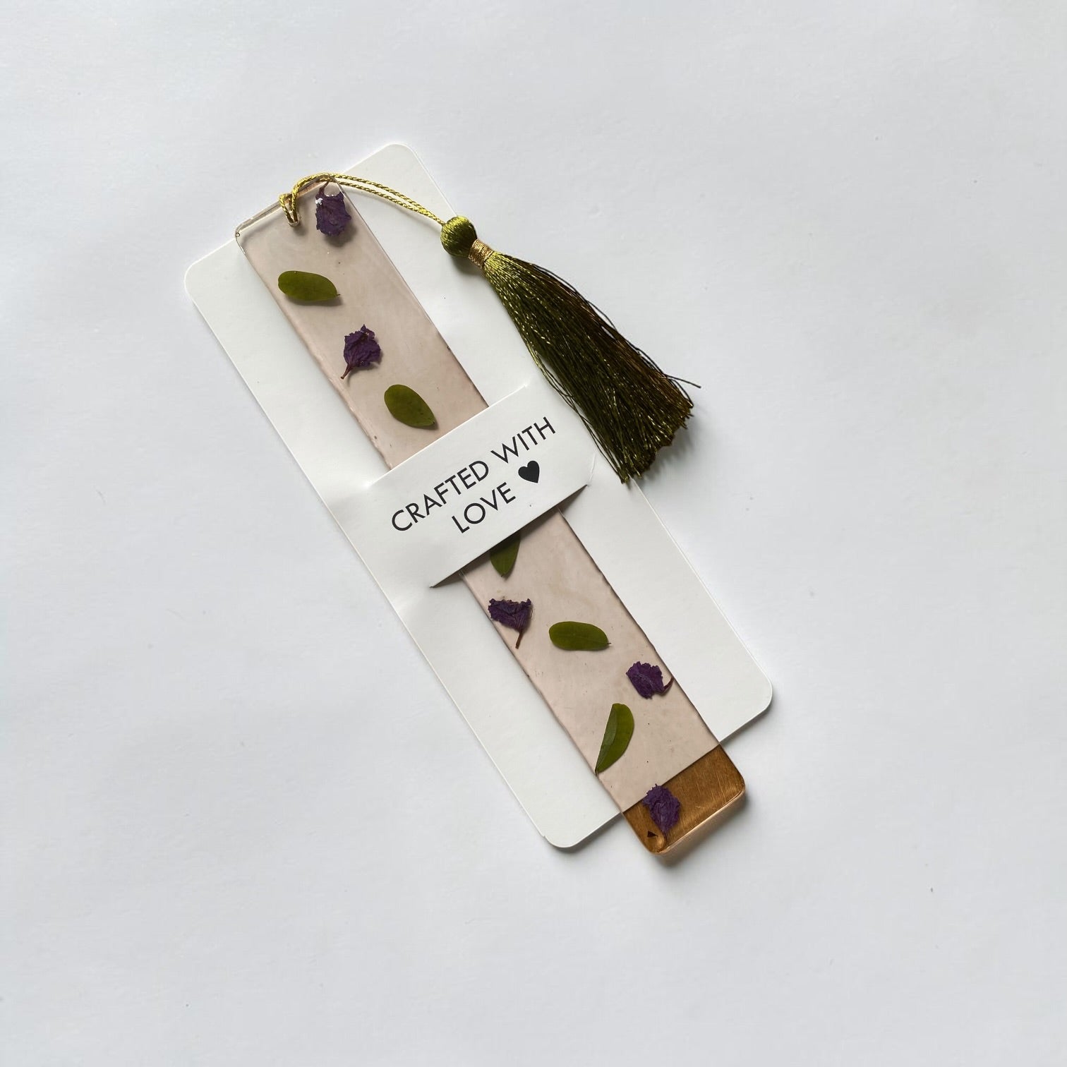 Purple -petel -olive -leaf- resin- bookmark -with- green- tassel - Resin by Achila