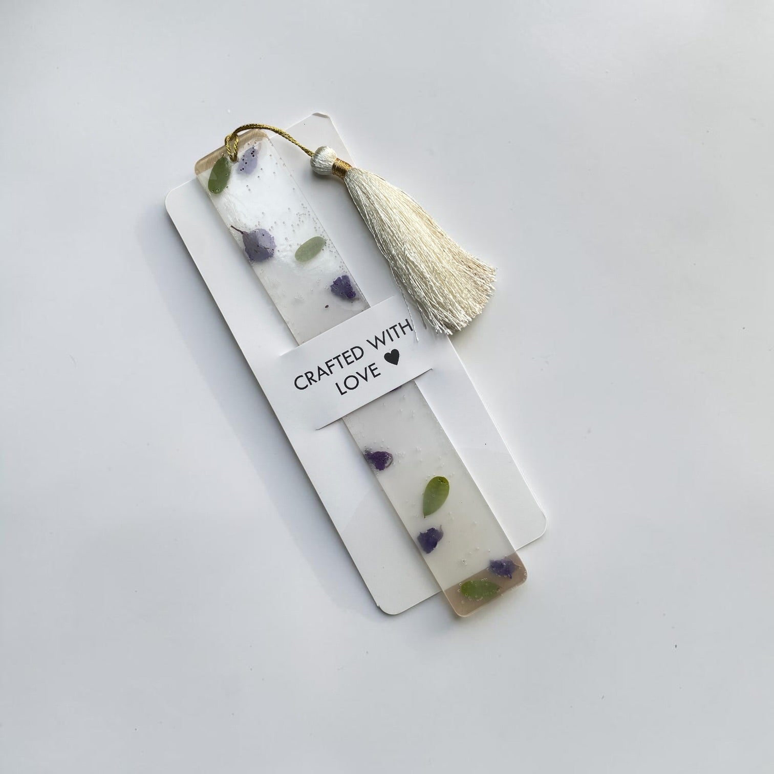 Purple- petel- olive- leaf- resin -bookmark- with -white- tassel - Resin by Achila