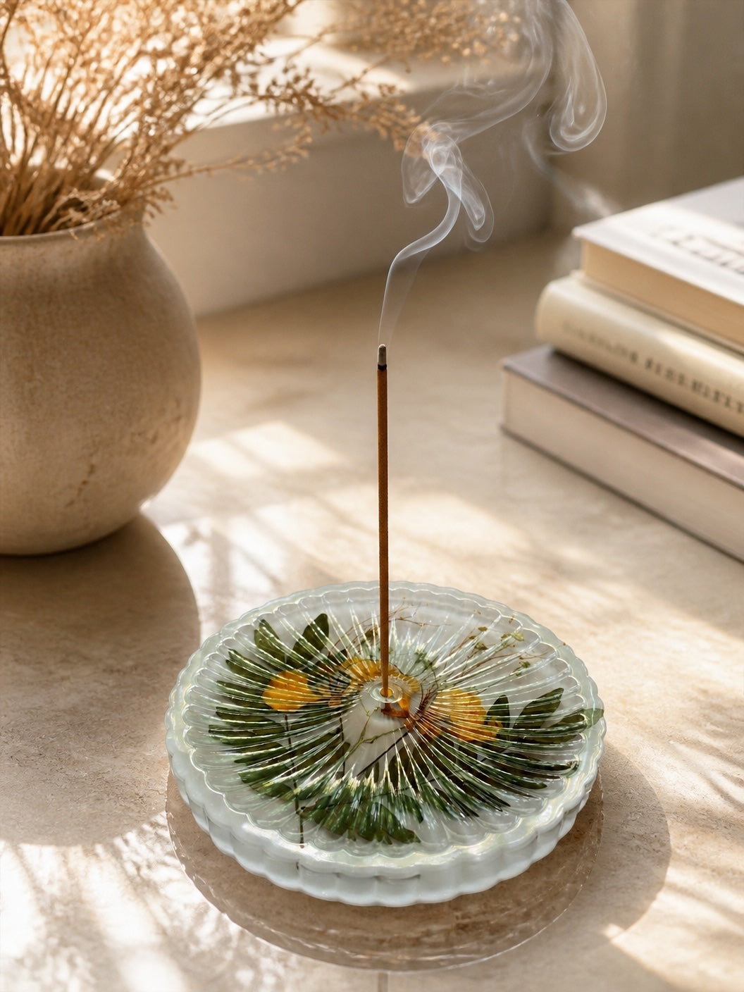 Real_ pressed_ yellow_ cassia_ flower + green_ leaves_ incense_ stand - Resin by Achila