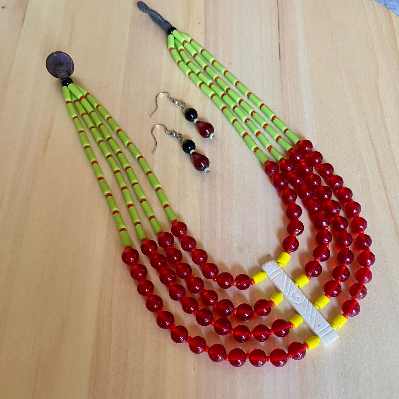 Red and Green Four Strand Necklace with earrings - Flowerchild