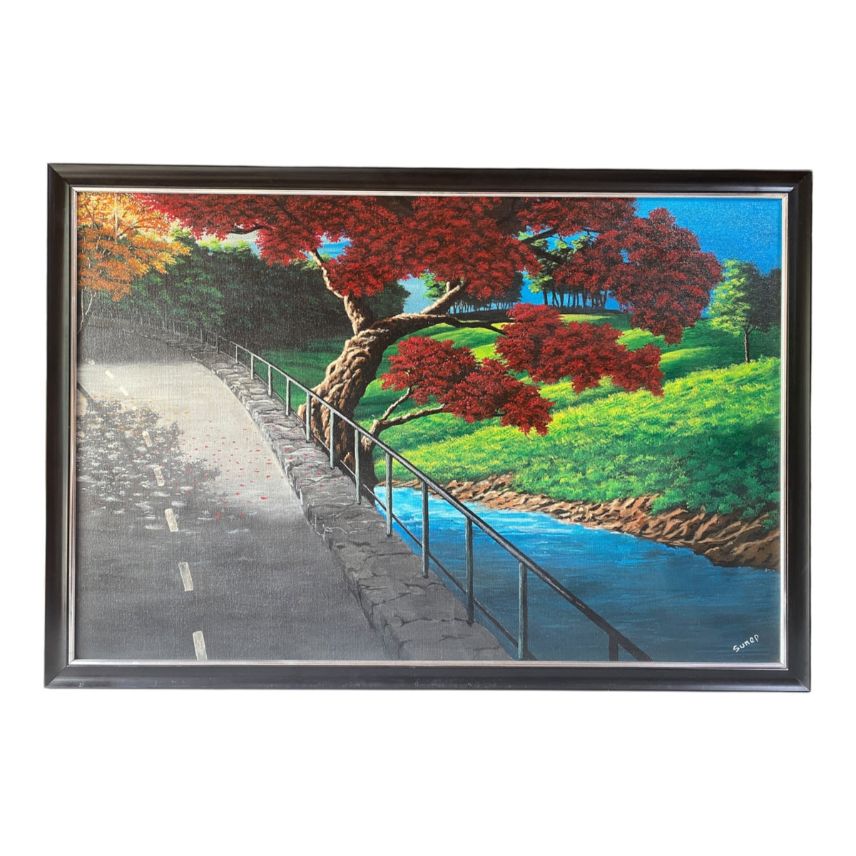 Red Autumn Tree Riverside Road Framed Canvas Painting-Imlisunep