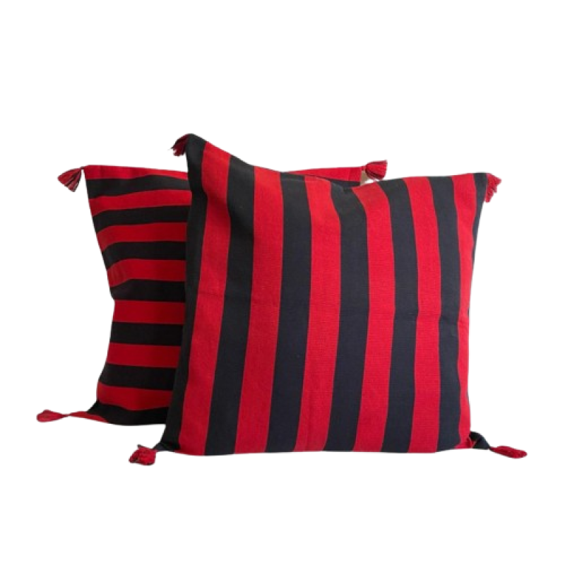 Red & Black Stripe Cushion Cover hand woven set of 2 - TADI