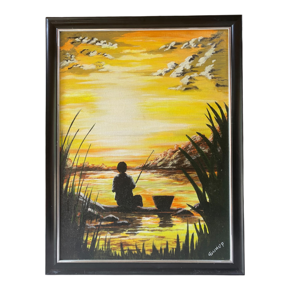 Sunset Fisherman at Riverbank Framed Canvas Painting - Imlisunep