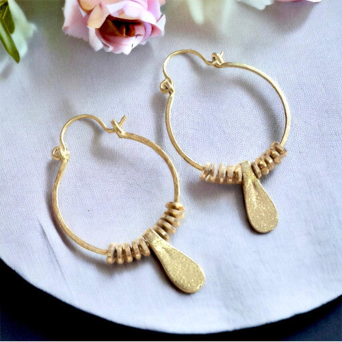 Treasured Elements - Hammered Brass Hoop Earrings with Teardrop Charm