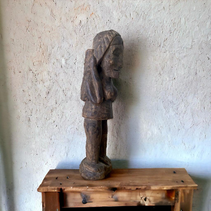 Tribal Women With Basket Antique Wooden Sculpture - Indigi craft