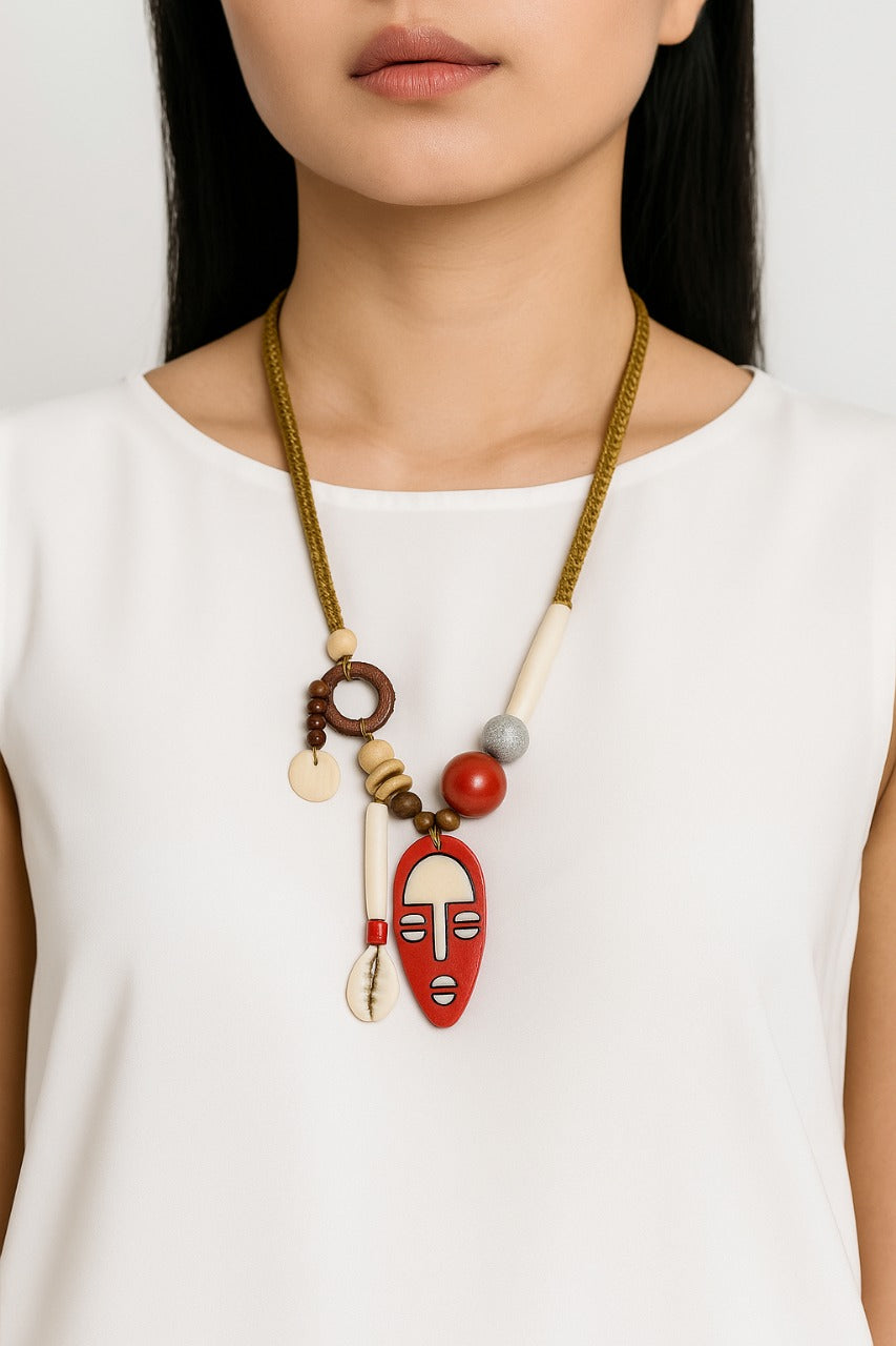 Tribal charm necklace with the red mask pendant - Annie Sakhamo