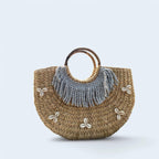 Oval Tassel and Cowrie Water Reed Basket Bag